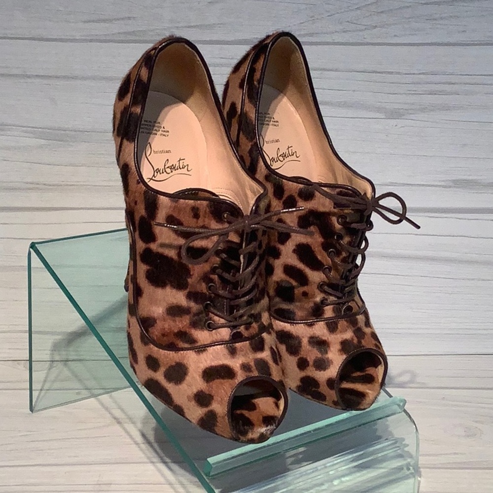 Christian Louboutin Leopard Print Lace-Up Peep-Toe Pumps with Red Soles